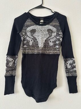 Rare Free People Black Long Sleeve Waffle Top with White Ram Skull Motif